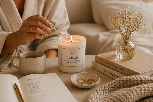 Woman lighting a candle in a calm, softly lit self-care ritual