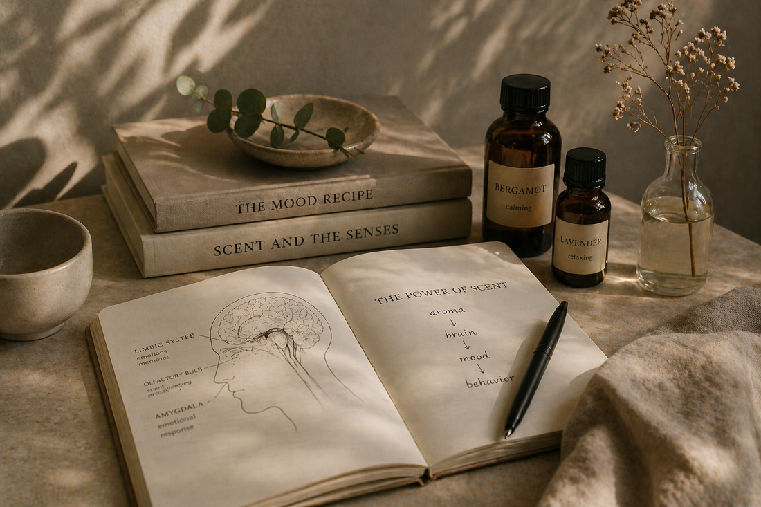 Essential oils and journal arranged in a minimalist scene about scent and mood