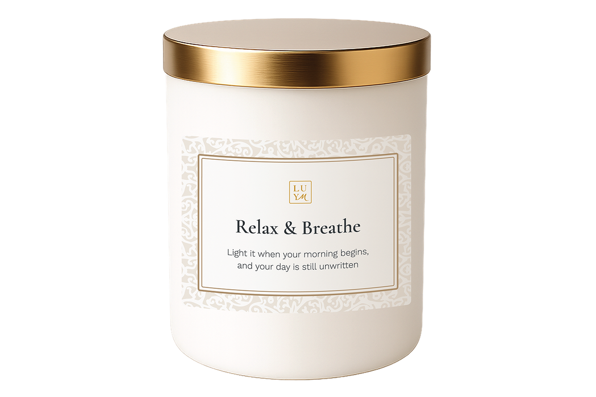 A eucalyptus lavender stress relief candle, perfect for a peaceful early morning ritual and mental clarity.