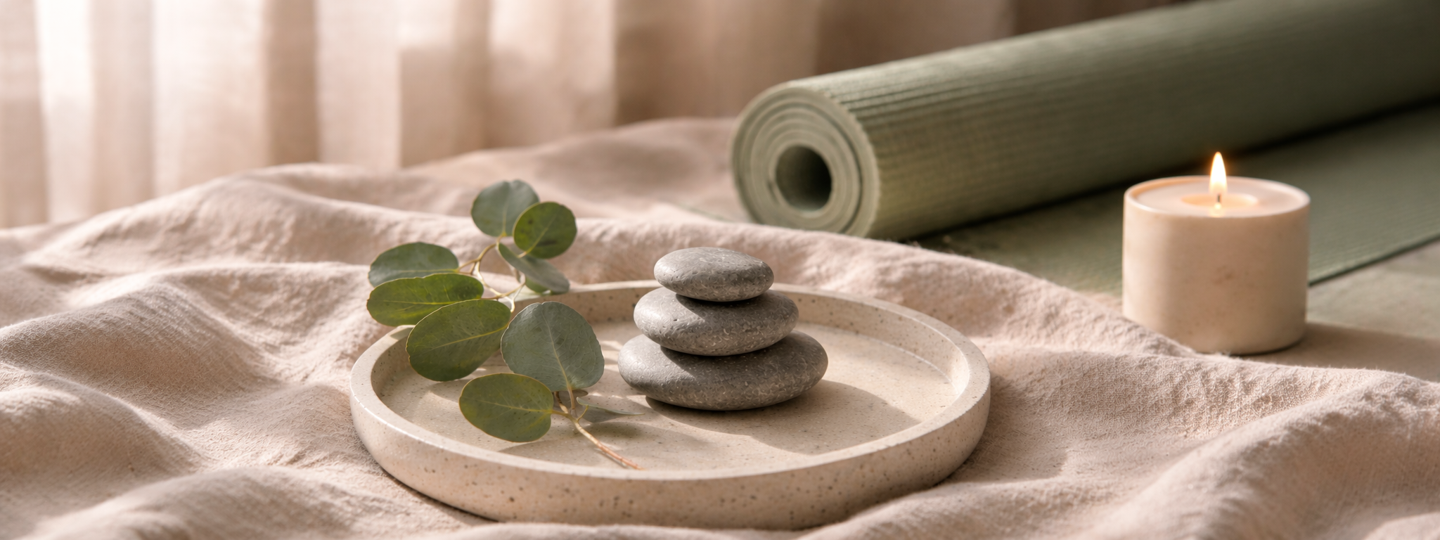 An aromatherapeutic stress relief candle from The Serene Collection surrounded by soothing botanicals.